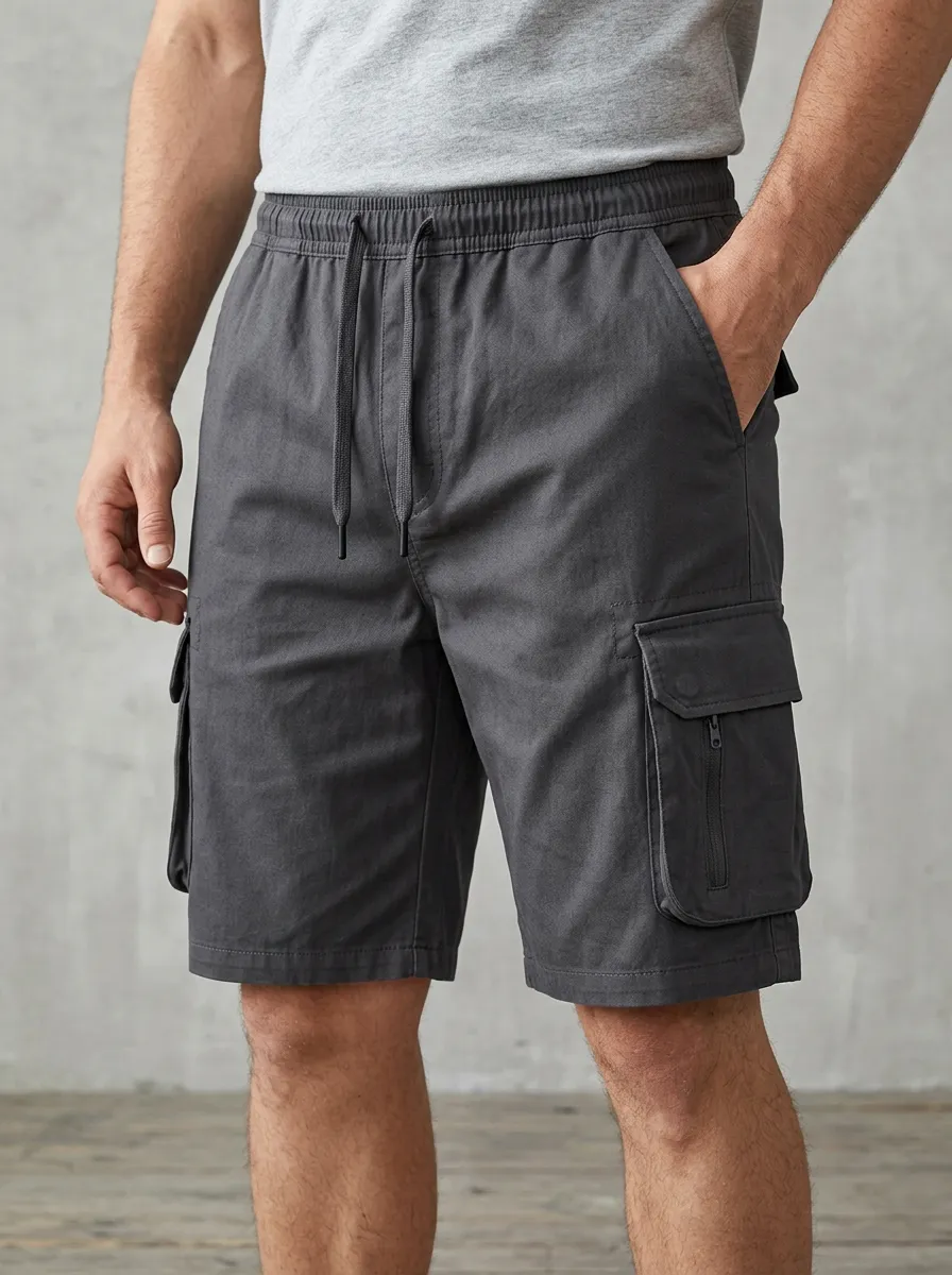 Workwear-Inspired Pocketed Drawstring Utility Cargo Shorts