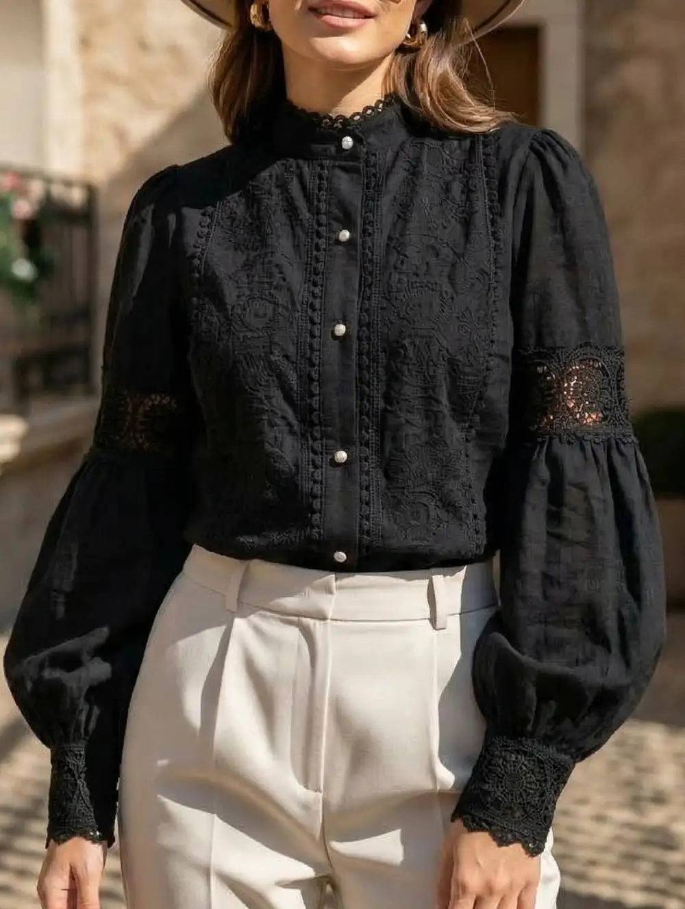 Lace Detail Lantern Sleeve Blouse