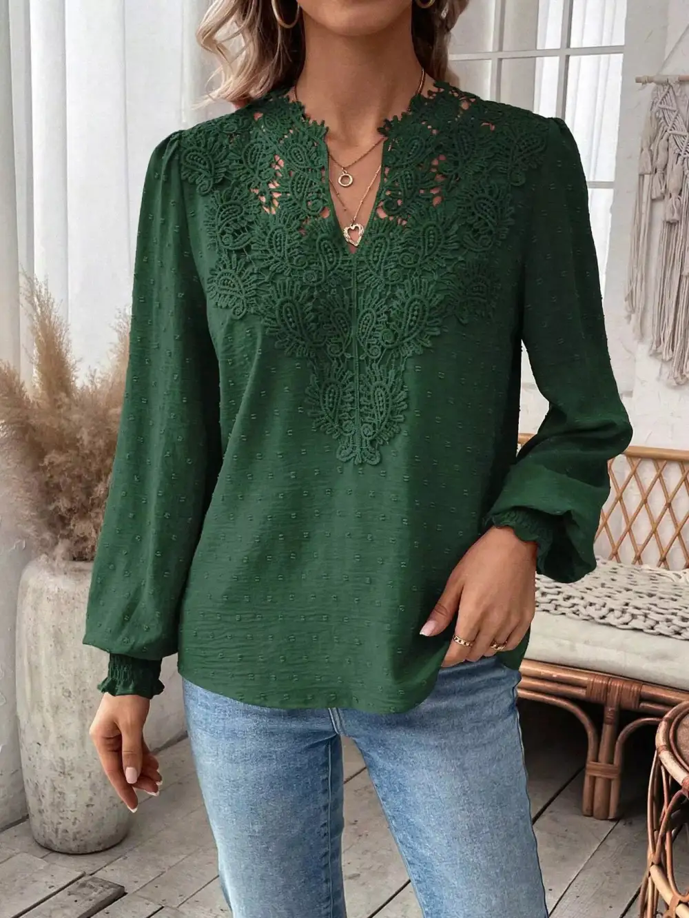 Swiss Dot Lace Detail Long Sleeve Blouse