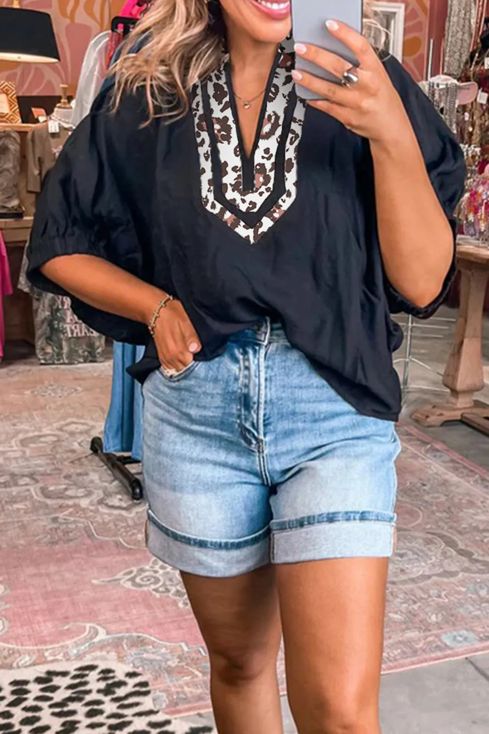 Black Dolman Half Sleeve Leopard Blouse