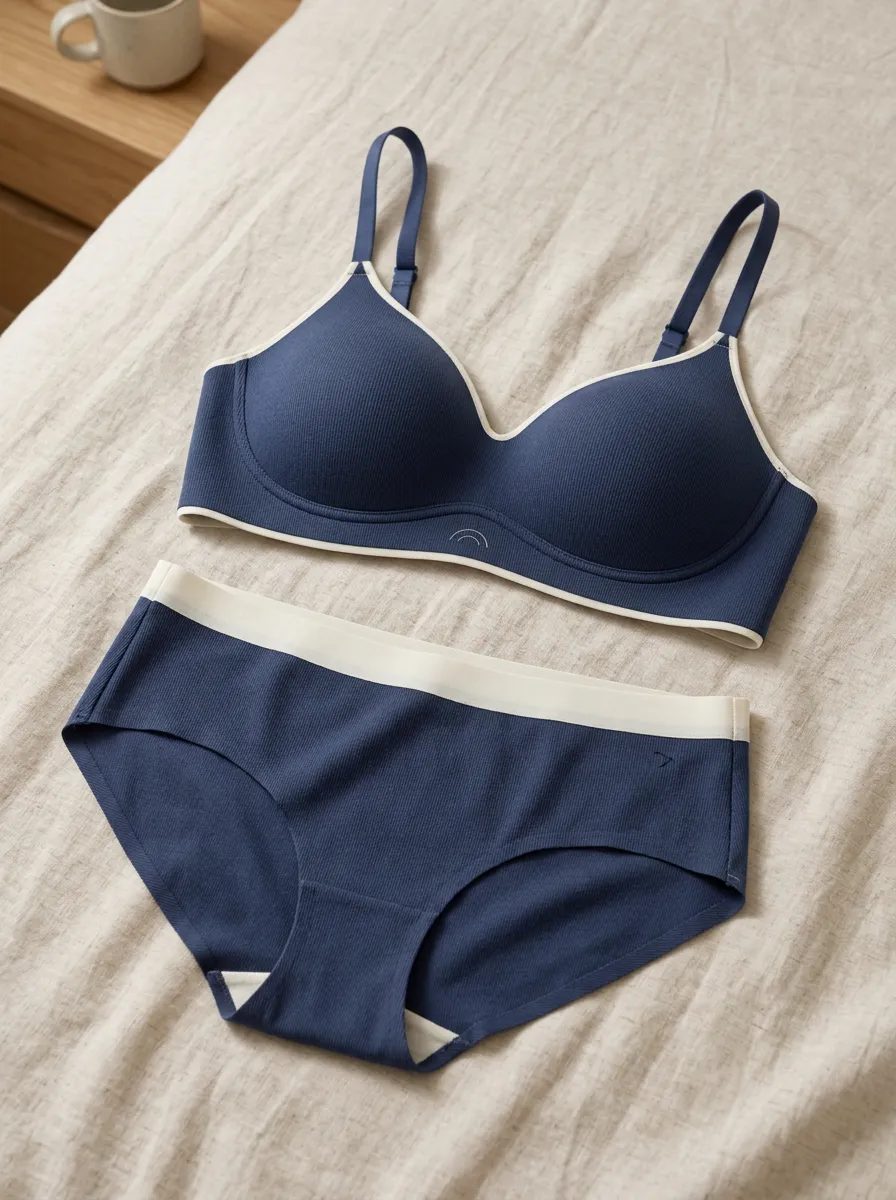 Women's Ribbed Contrast Trim And Adjustable Strap Mid Rise Lingerie Set