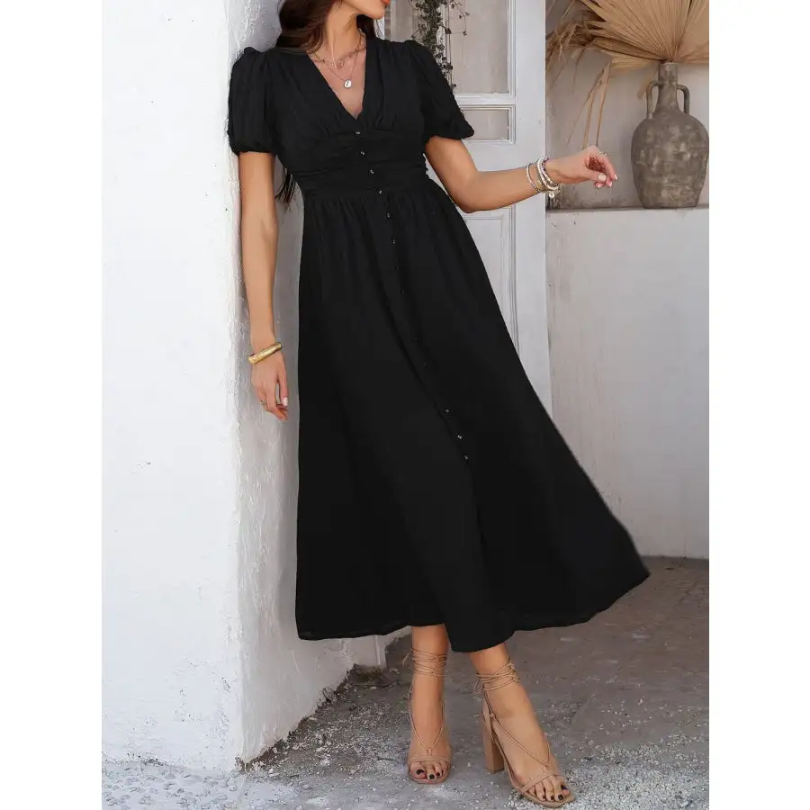 V-Neck Puff Short Sleeve Midi Dress