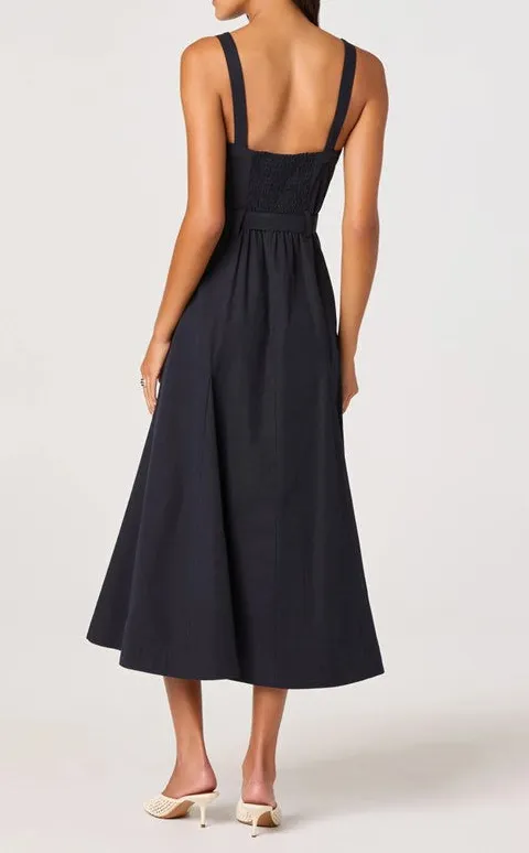 Black Button Front Flared Midi Dress