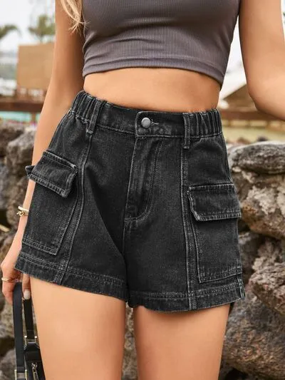 Classic High Waist Denim Shorts with Pockets