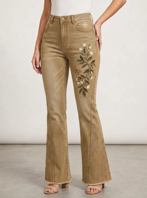 Women's Medium Wash Floral Butterfly Side Embroidery Flare Jeans