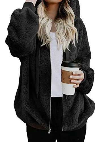 Womens Full Zip Up Sherpa Hoodie Fuzzy Fleece Jacket Oversized Fluffy Coat with Pockets