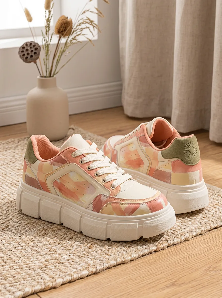 Women's Abstract Watercolor Peach Printed Chunky Sneakers