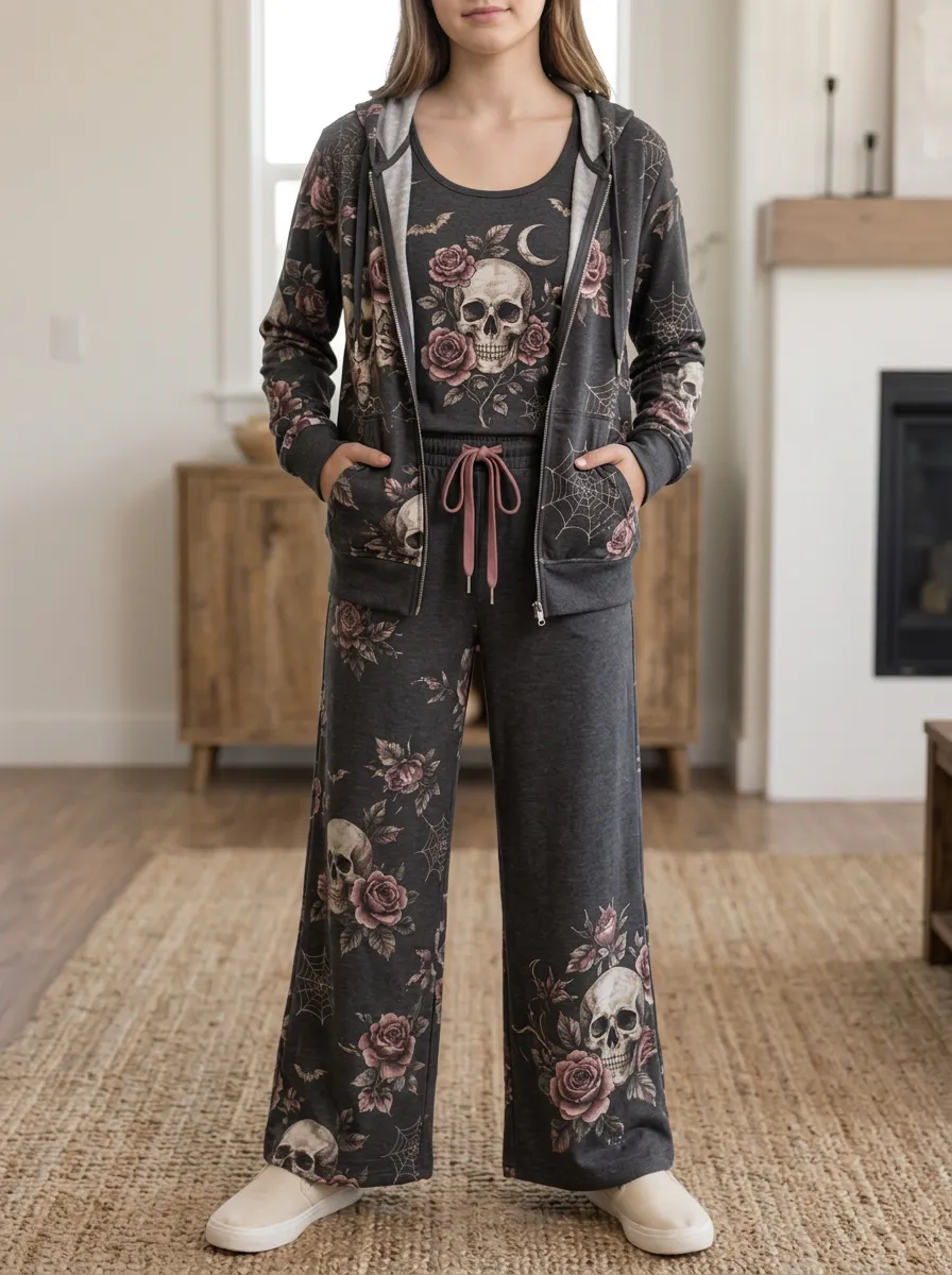 Women's Halloween Gothic Skull Rose Hooded Jacket Wide-Leg Set