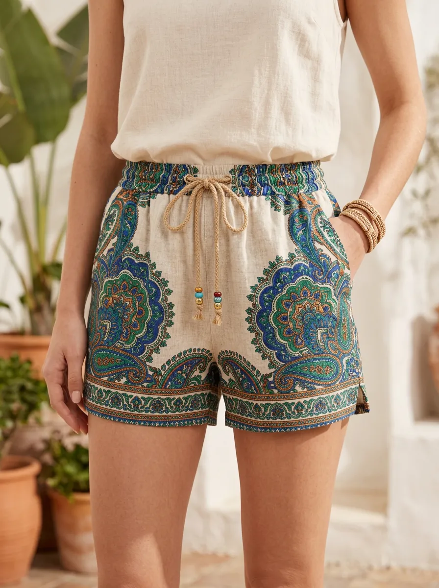 Women's Bohemian Paisley Pattern Rope Drawstring Printed Shorts