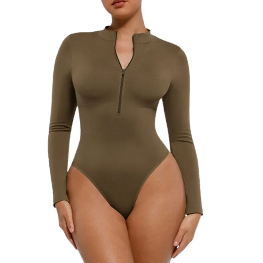 Zip Front Long Sleeve Thong Bodysuit