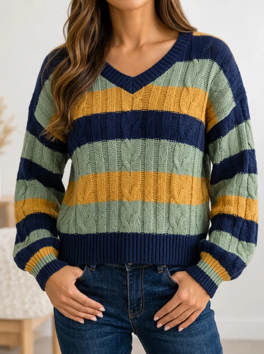 Colorful V Neck Sweater with Stripe Pattern Cable Knit Detail