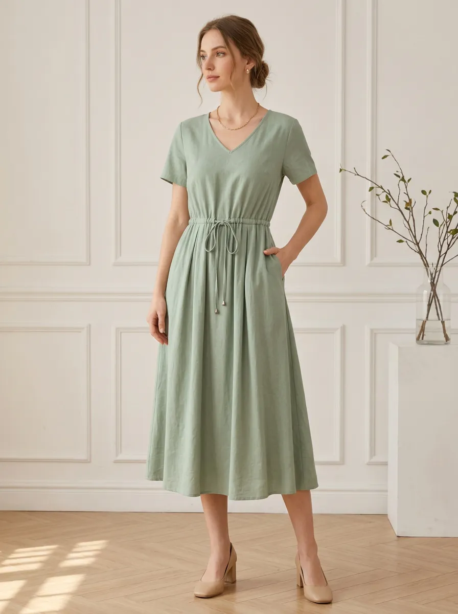 Women's Casual Sage Green V-Neck Drawstring Waist Midi Dress