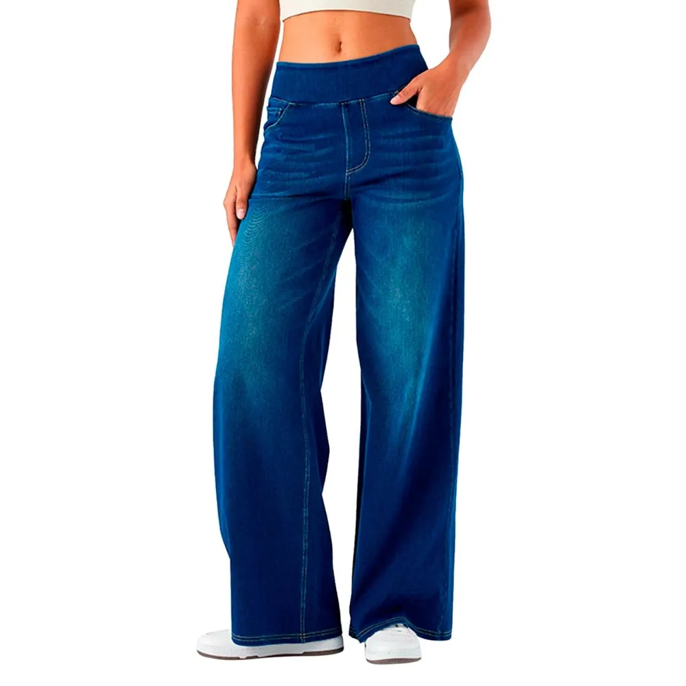 2026🔥  High Waisted Multiple Pockets Baggy Wide Leg Washed Stretchy Knit Casual Jeans