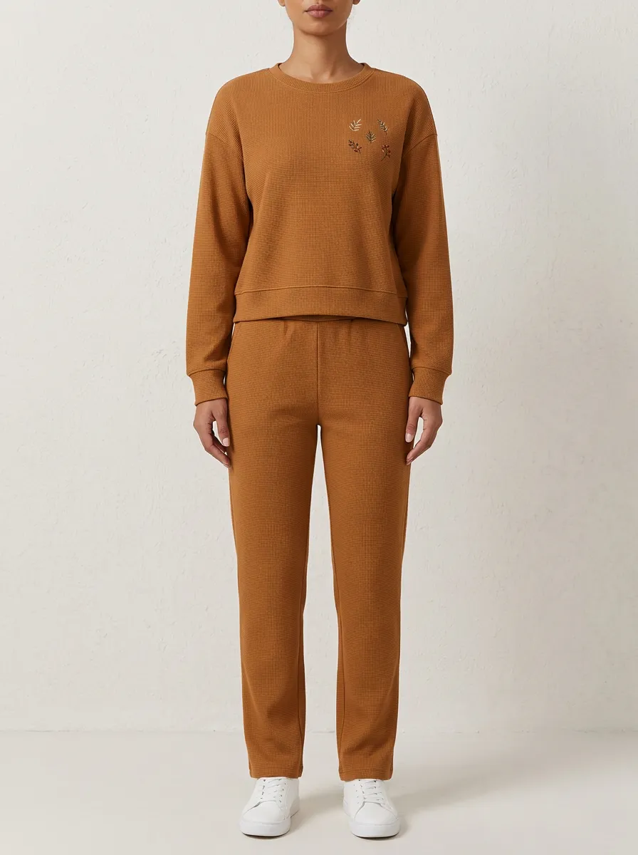 Women's Waffle-Knit Crewneck Sweatshirt & Straight-Leg Pants Ribbed-Trim Set
