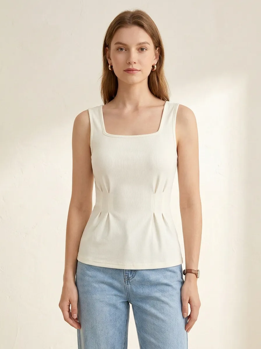Fitted Square-Neck Pleated Tank Top
