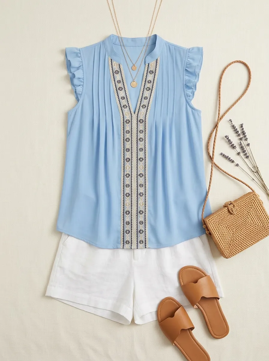 Boho Floral Embroidered Ruffle Sleeve Printed Top