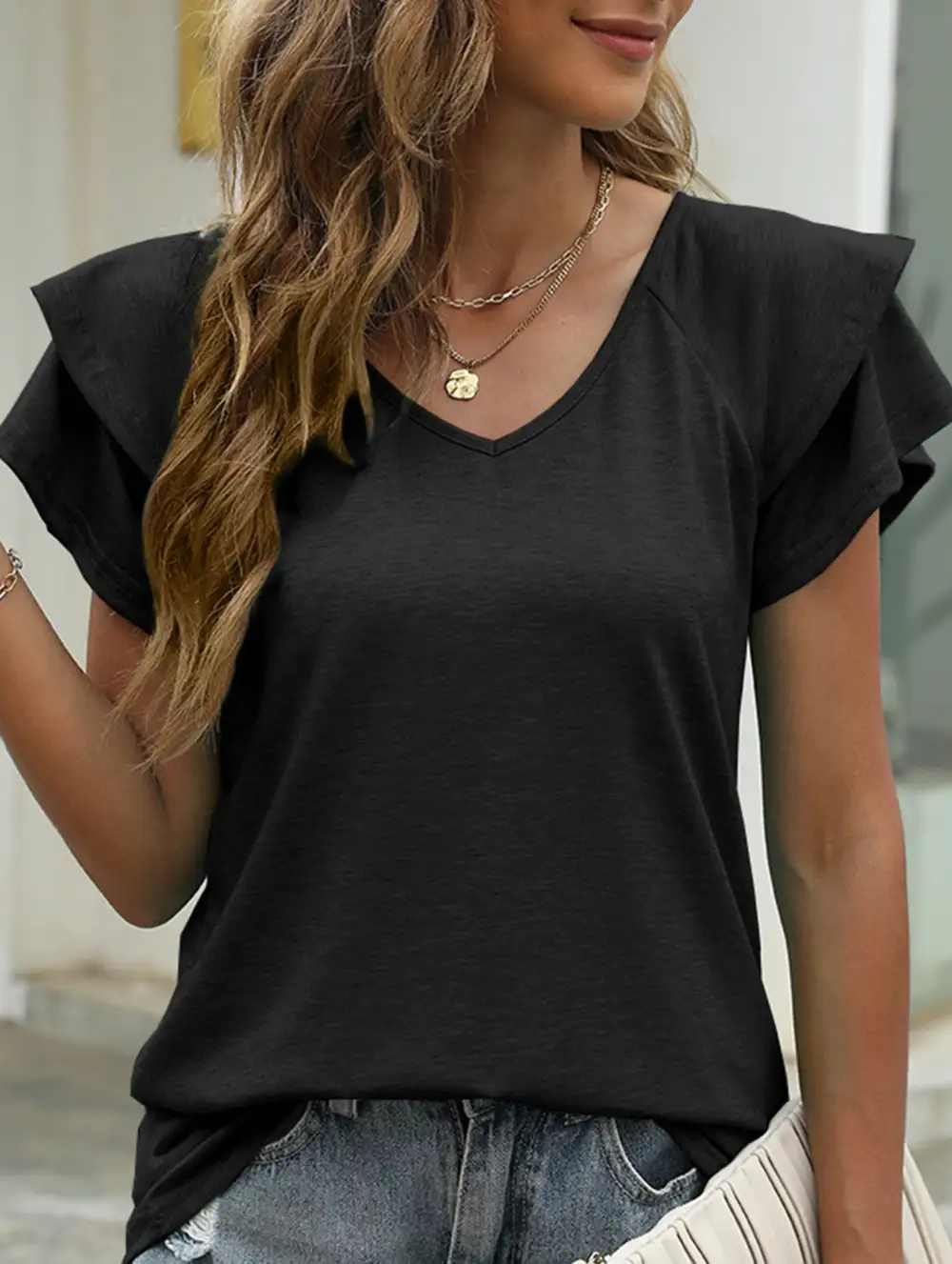 V Neck Double Layer Ruffle Sleeve Tank Top