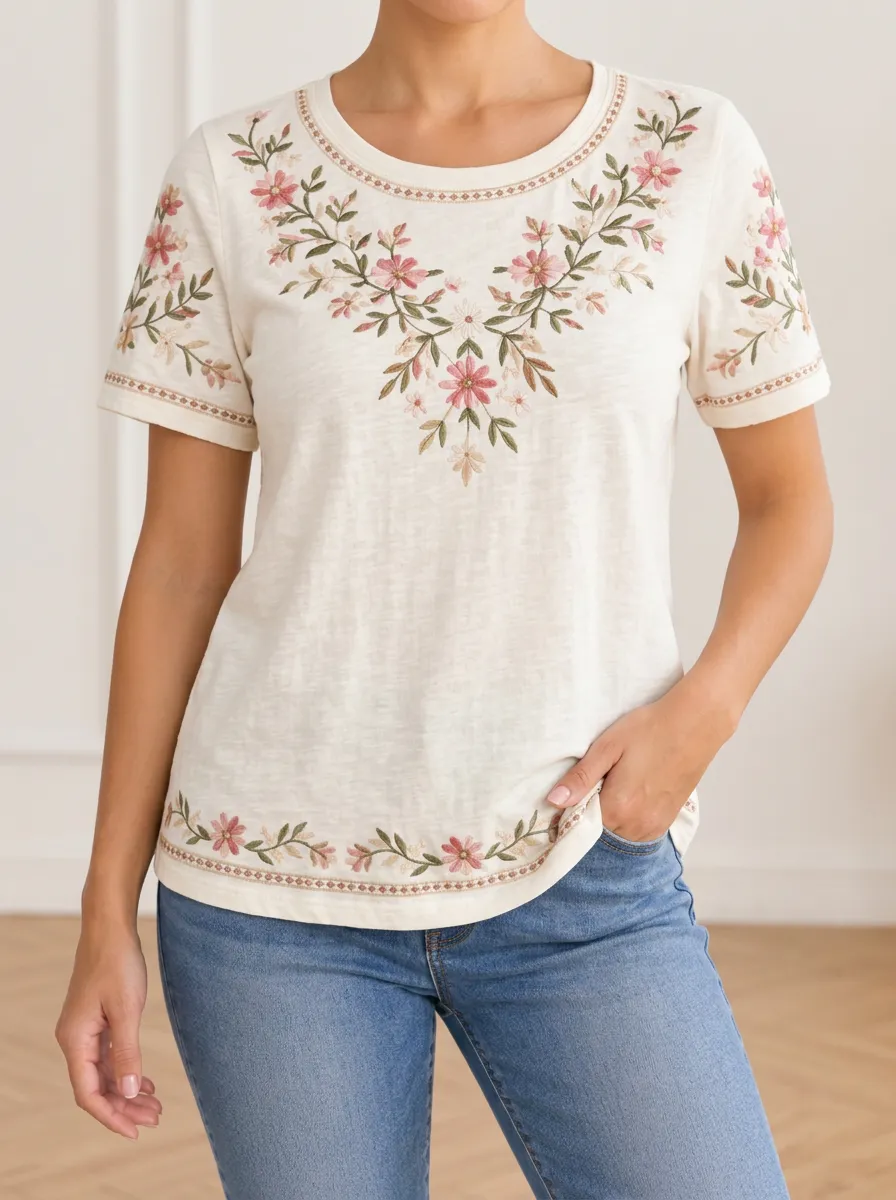 Weekend Ready Floral Print Embroidered Detail Women's Short Sleeve Casual Top