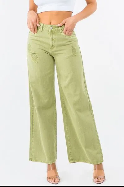 Utility High Waist Wide Leg Distressed Denim Jeans