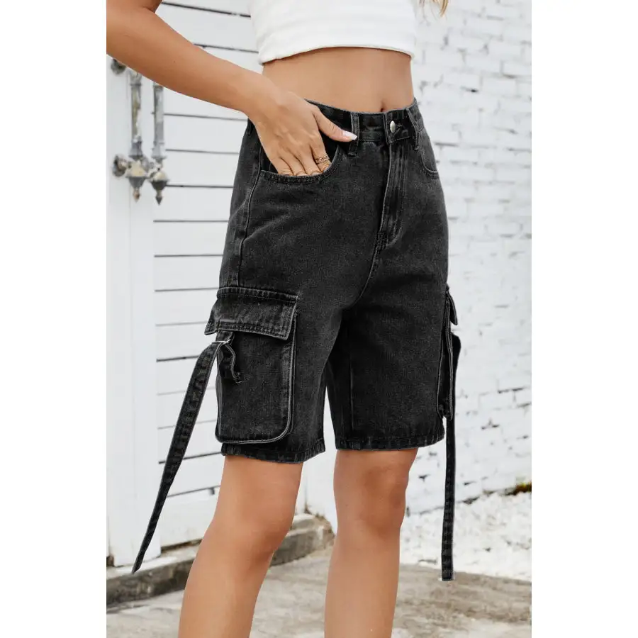 Pocketed Cargo Washed Denim Shorts