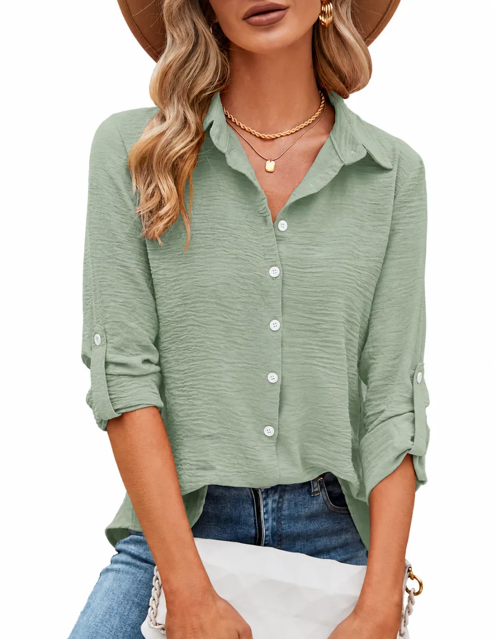 Women's Crinkled Roll-Tab Button Front Blouse