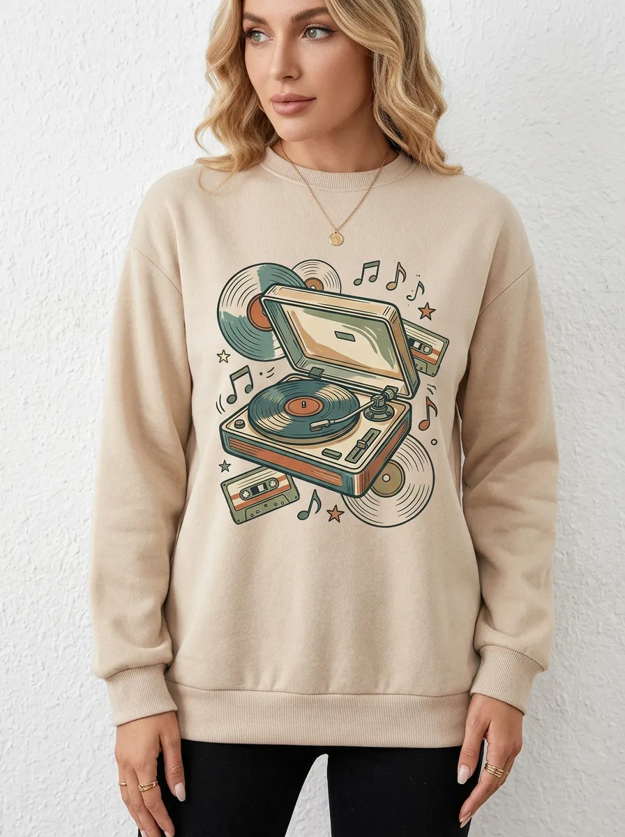 Women's Retro Music Vinyl Record Cassette Graphic Sweatshirt