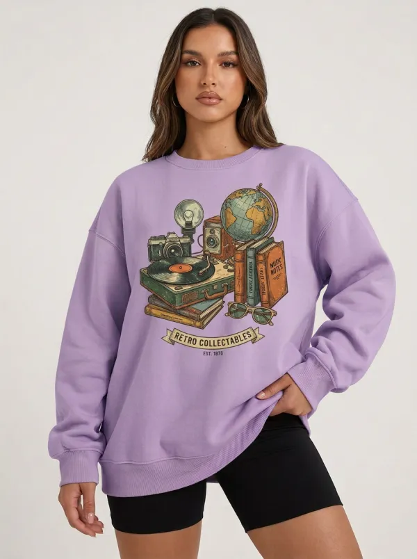 Women's Retro Collectables Globe Camera Books Printed Sweatshirt