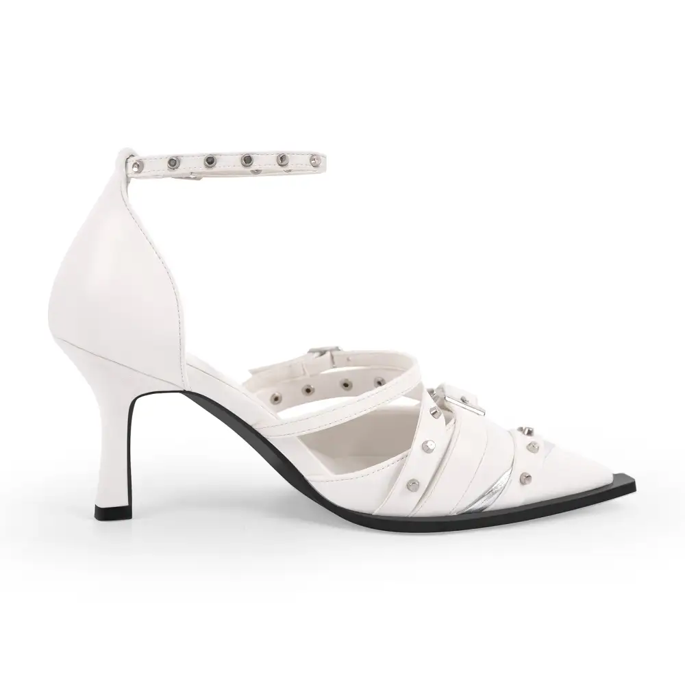 Modern Rivet Pointed Toe Stiletto Ankle Strap Pumps
