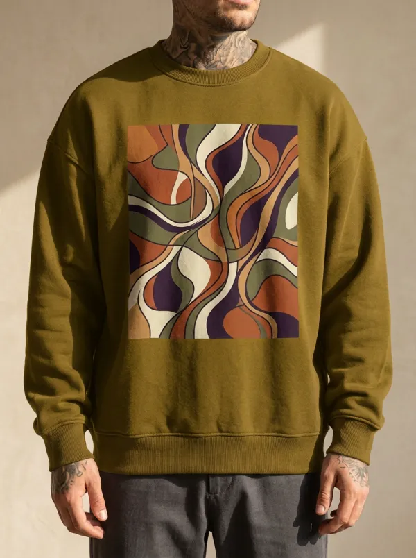 Retro Abstract Wavy Pattern Crewneck Sweatshirt With Ribbed Trim