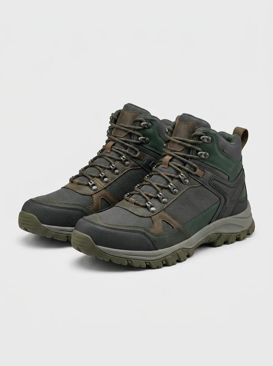 Men's Outdoor Hiking Enthusiast Green Leather Mesh Printed Boots