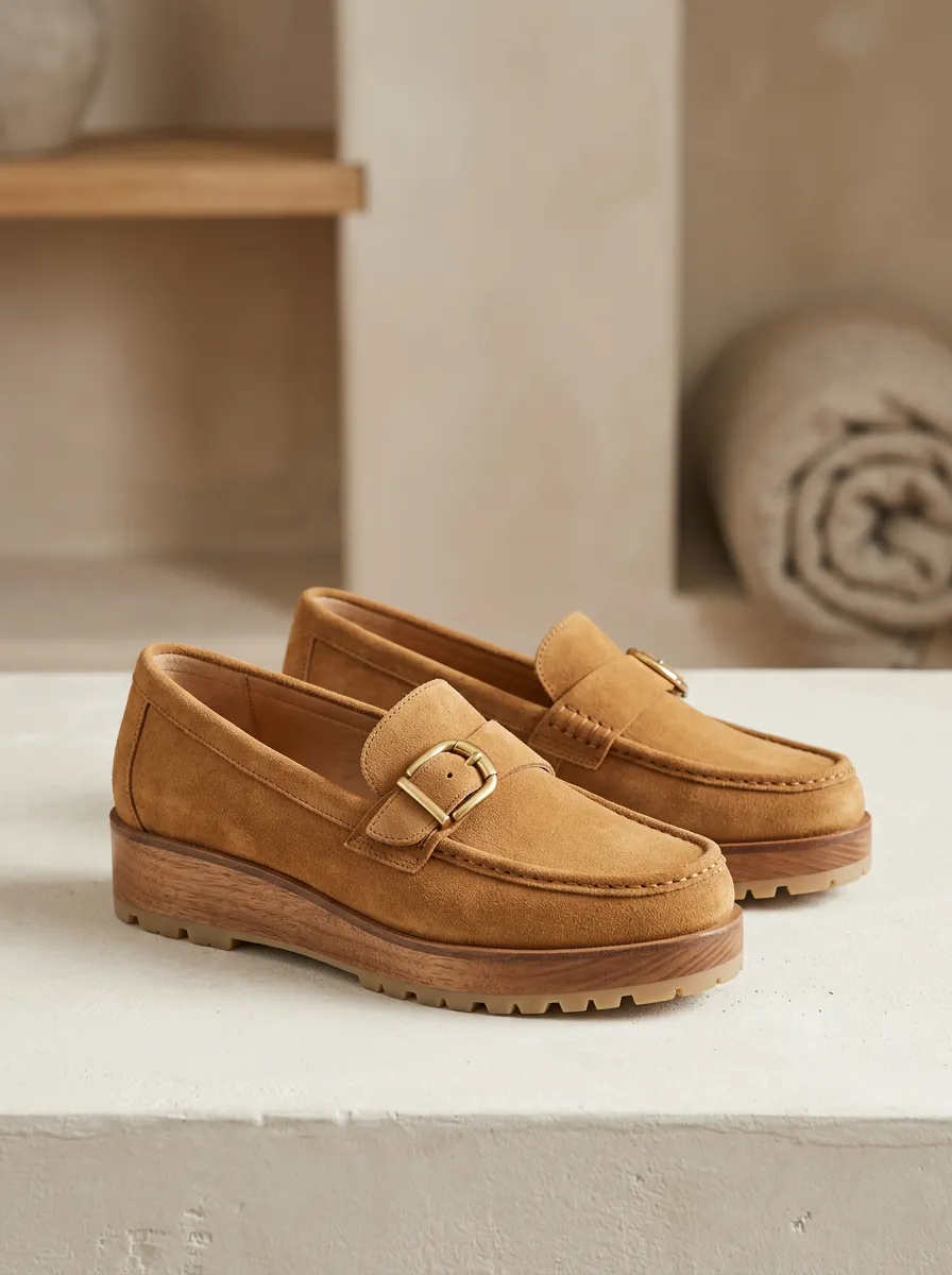 Women's Buckle Detail Platform Suede Wood Sole Loafers