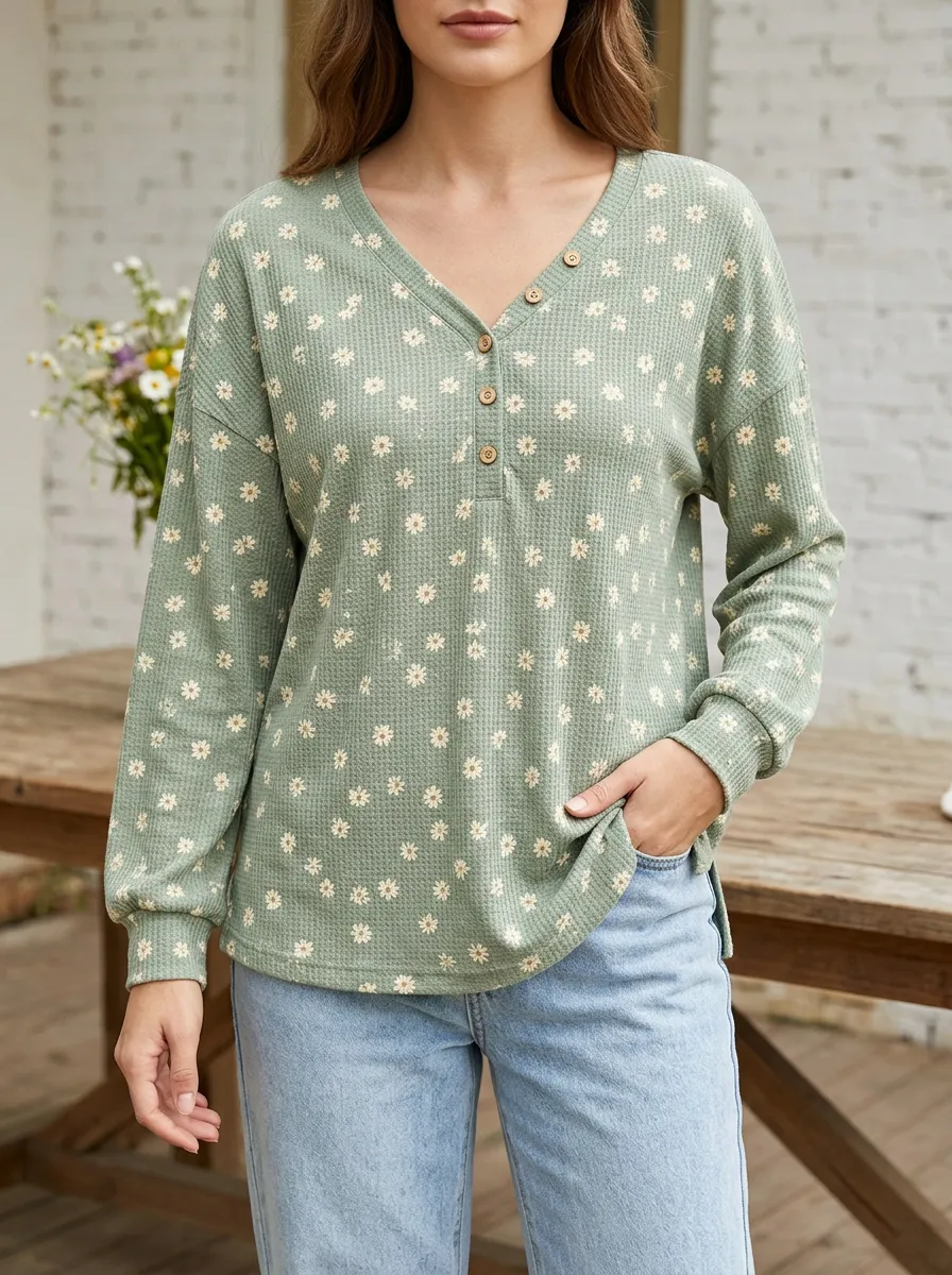 Women's Floral Lover Sage Green Daisy Printed Henley Shirt