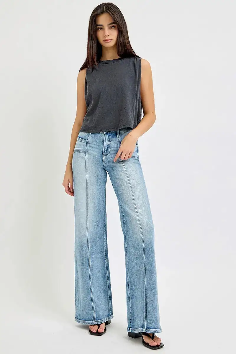 Casual Mid Rise Wide Leg Pocketed Denim Jeans