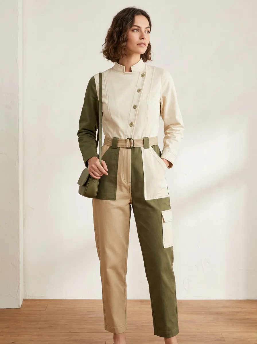 Women's Casual Style Colorblock Utility Belted Jumpsuit