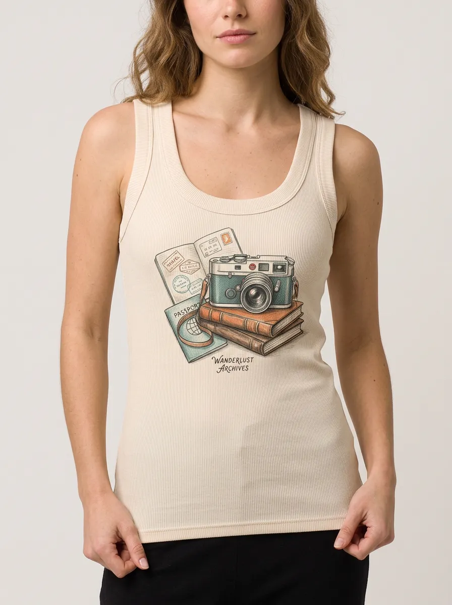 Women's Travel-Inspired Camera Passport Books Printed Tank Top