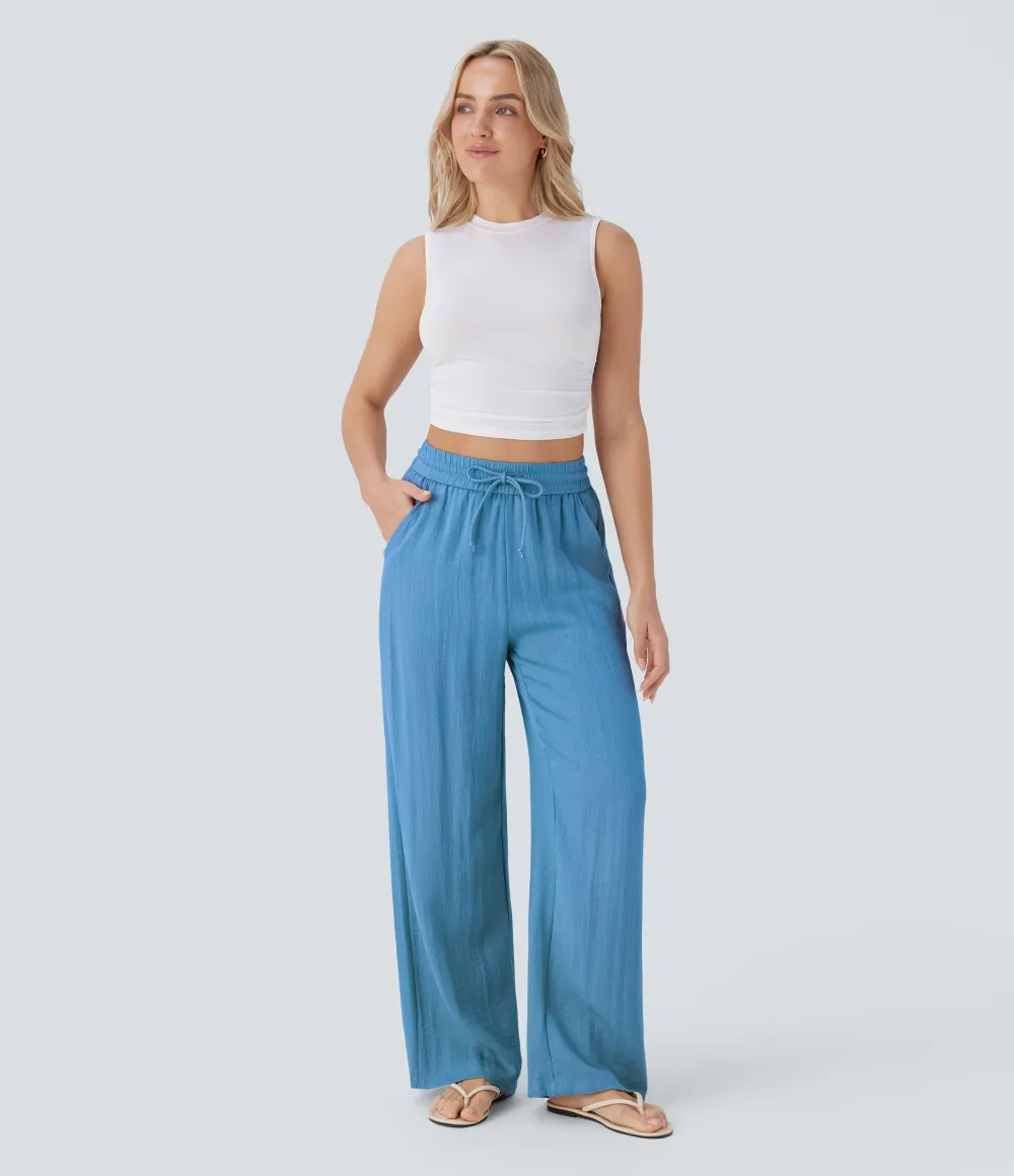 2026🔥  High Waisted Drawstring Pocket Wide Leg Casual Linen-Feel Pants