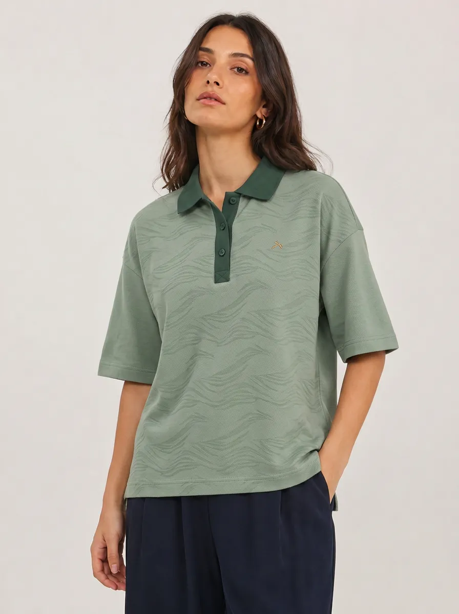 Women's Sage Green Abstract Wave Pattern Printed Polo Shirt
