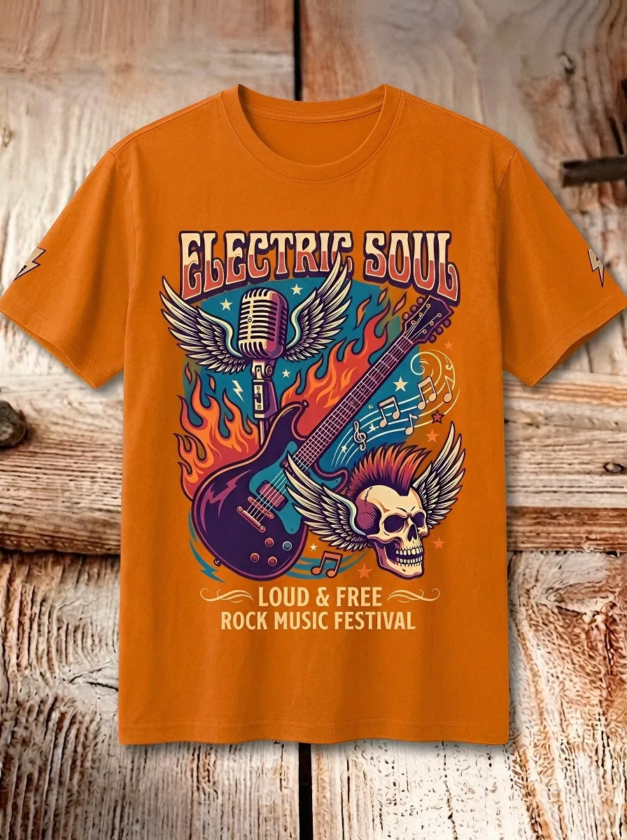 Unisex Rock Music Lover Electric Guitar Skull Printed T-shirt