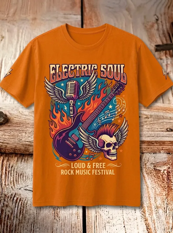 Unisex Rock Music Lover Electric Guitar Skull Printed T-shirt