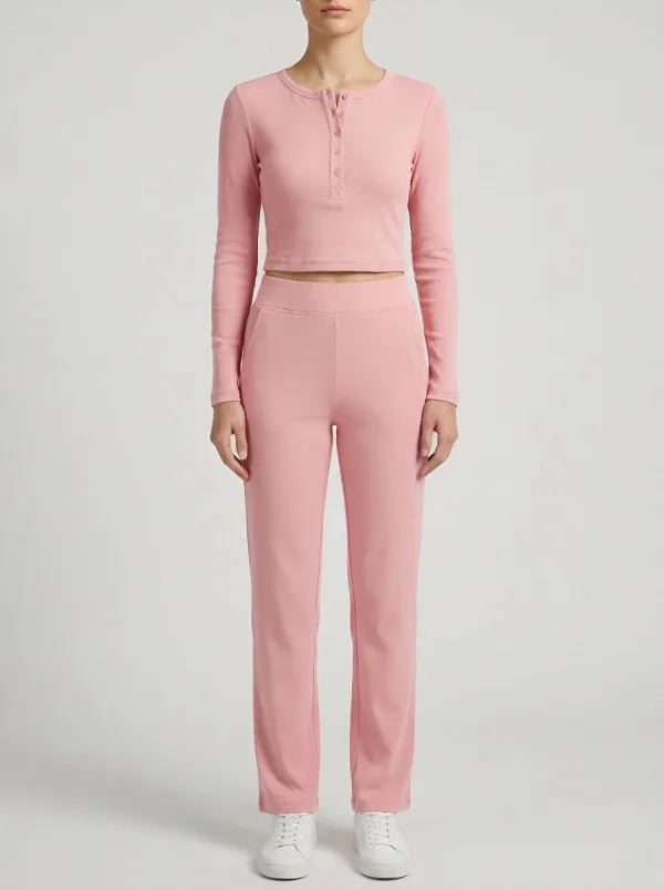 Women's Fine-Ribbed Henley Crop Top and Straight-Leg Pant Set