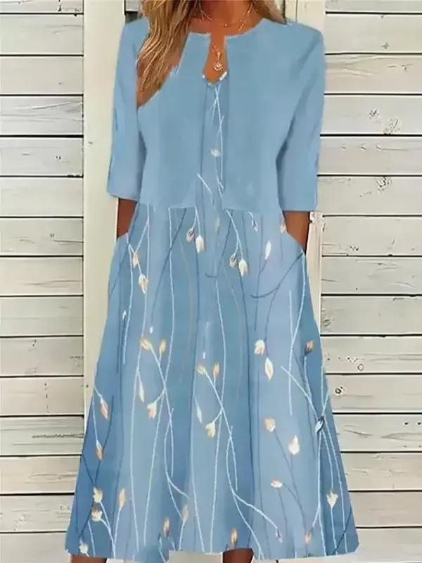 Blue Print Half Sleeve Midi Dress