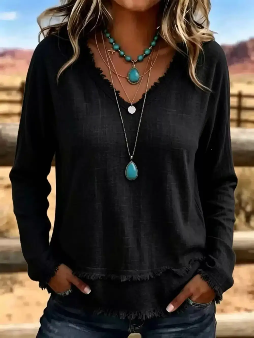 Long Sleeve V-Neck Frayed Hem Blouse