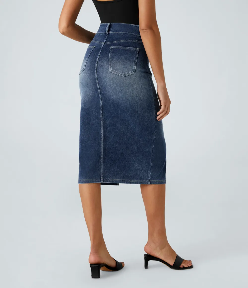 Magic High Waisted Multiple Pockets Bodycon Split Washed Stretchy Knit Denim Casual Midi Skirt