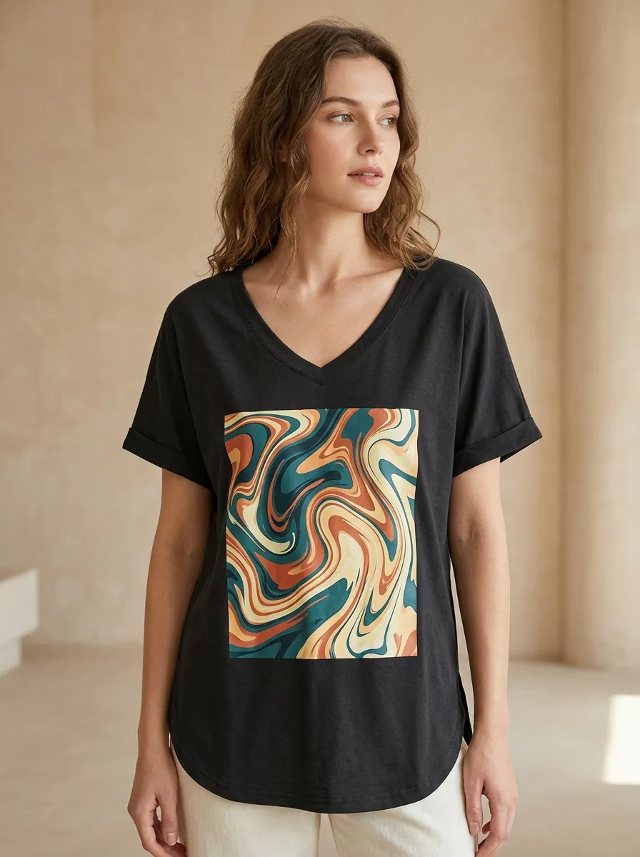 Women's Retro Abstract Art Swirl Printed V-Neck T-Shirt