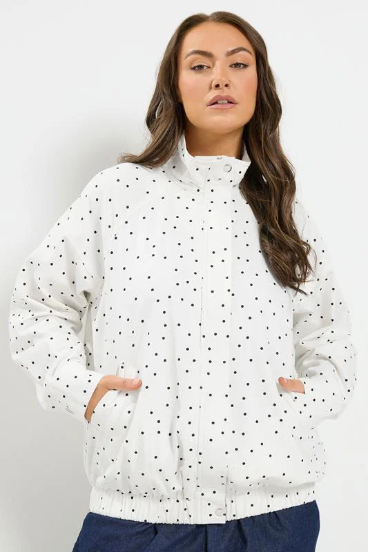 White Polka Dot Funnel Neck Bomber Jacket detail 1