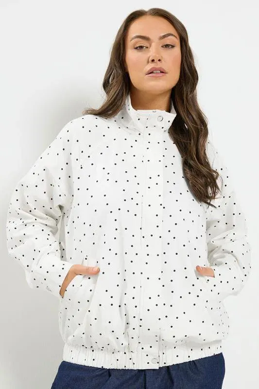 White Polka Dot Funnel Neck Bomber Jacket