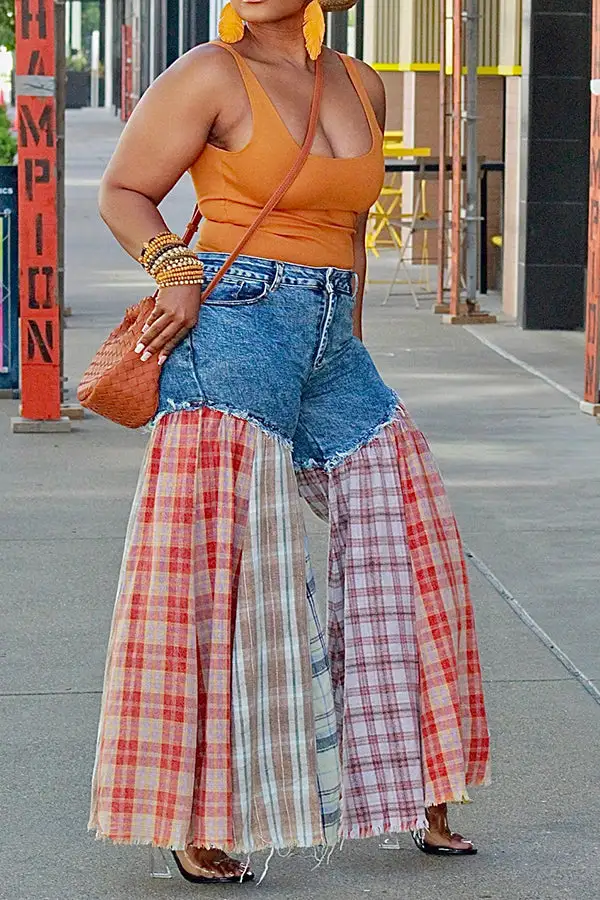 Multicolor Plaid Spliced Wide-Leg Jeans