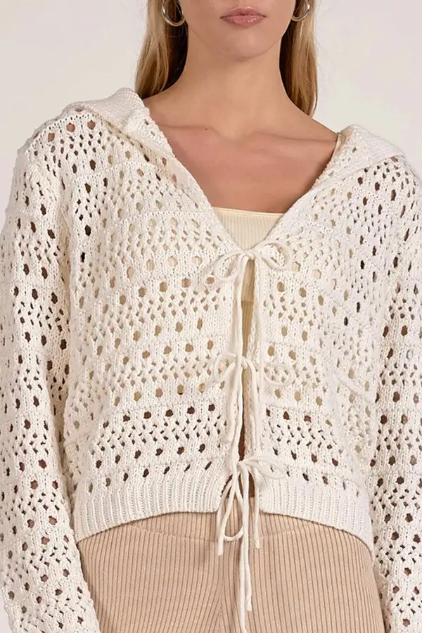 White Open Knit Tie Front Cardigan