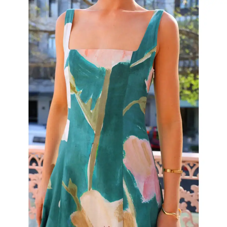 Classic Floral Print Square Neck Maxi Dress