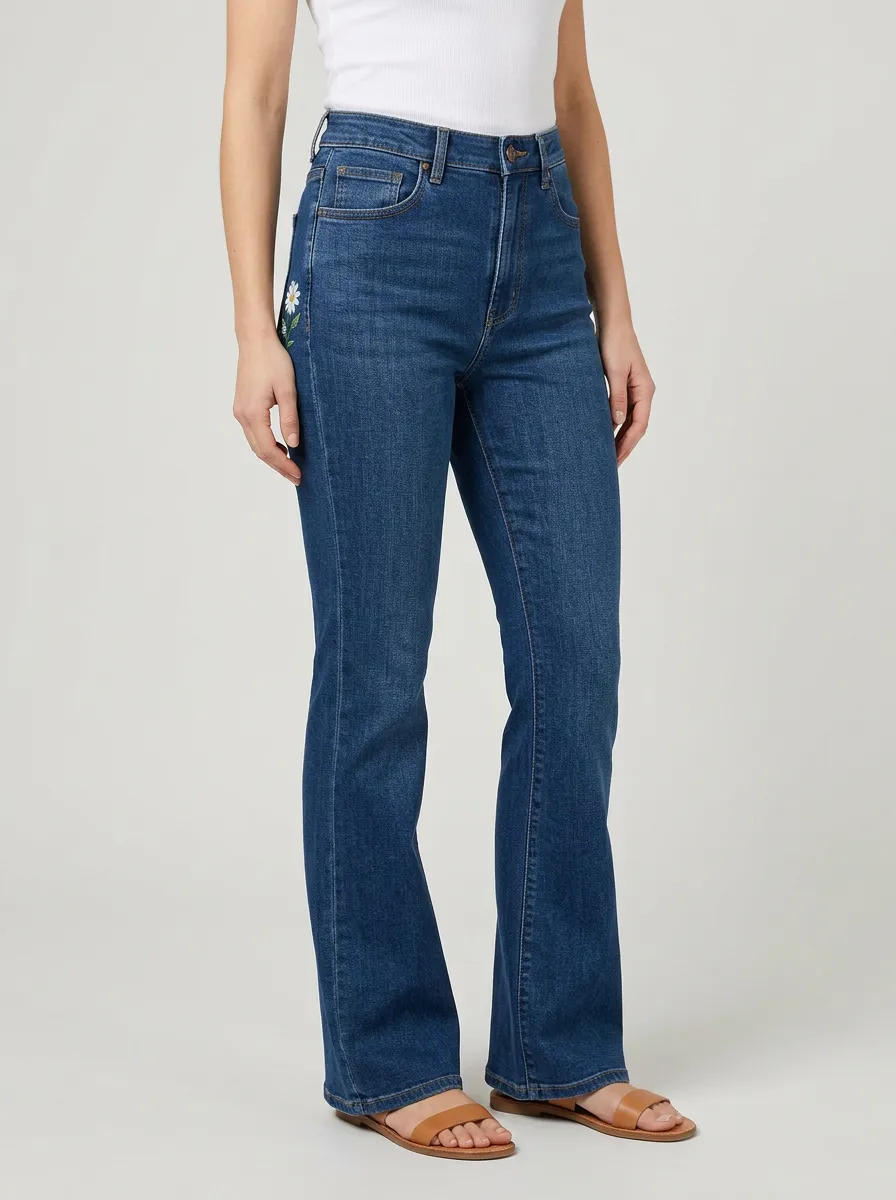Women's Floral Side Embroidered Clean-Hem High-Rise Bootcut Jeans